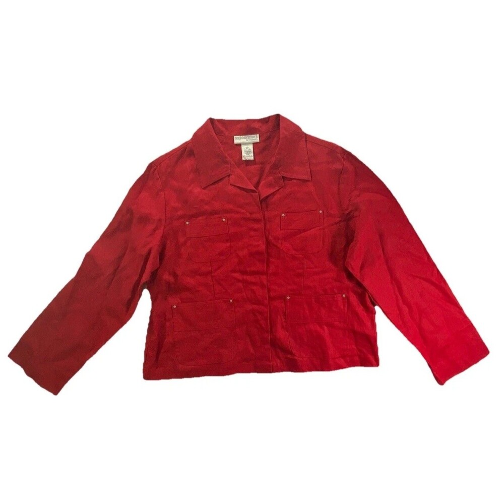 VTG Chadwicks Red Linen Jacket 12P Petite Studded Snap Front Pockets - Picture 2 of 10